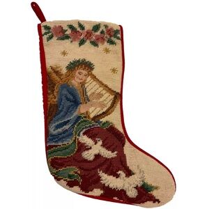 Needlepoint Angel With Harp Christmas Stocking music cream red doves